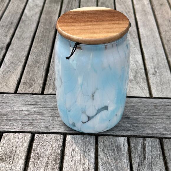 Murano Light Pastel Blue Confetti Glass Jar with Acacia Lid BPA Free Storage New - Picture 5 of 12